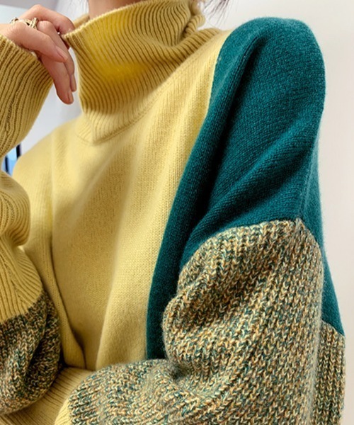 【セール】パネル切り替え配色ニットタートルプルオーバー（ニット/セーター）｜deux amour（ドゥーザムール）