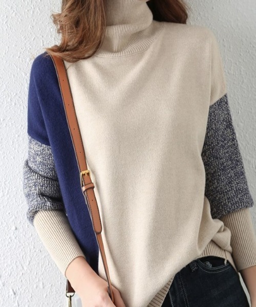 【セール】パネル切り替え配色ニットタートルプルオーバー（ニット/セーター）｜deux amour（ドゥーザムール）