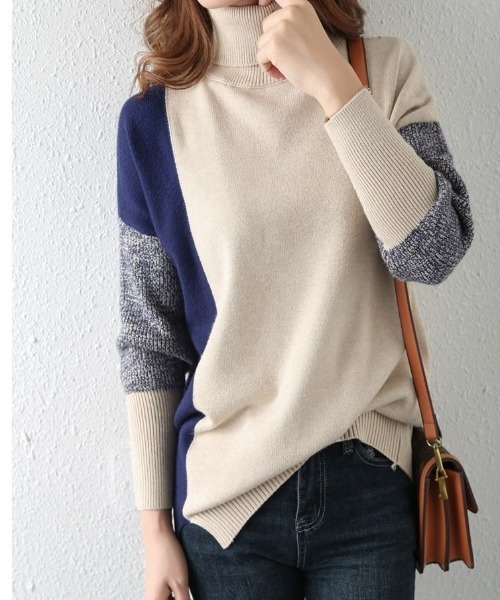 【セール】パネル切り替え配色ニットタートルプルオーバー（ニット/セーター）｜deux amour（ドゥーザムール）