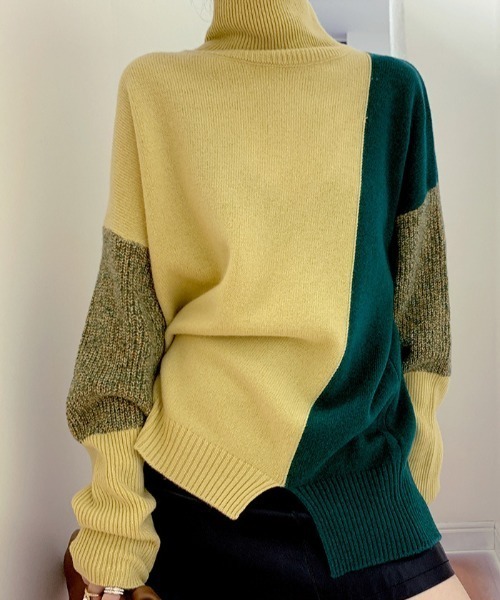 【セール】パネル切り替え配色ニットタートルプルオーバー（ニット/セーター）｜deux amour（ドゥーザムール）