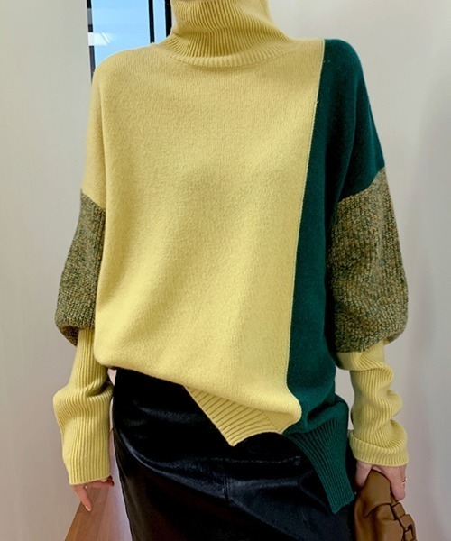 【セール】パネル切り替え配色ニットタートルプルオーバー（ニット/セーター）｜deux amour（ドゥーザムール）