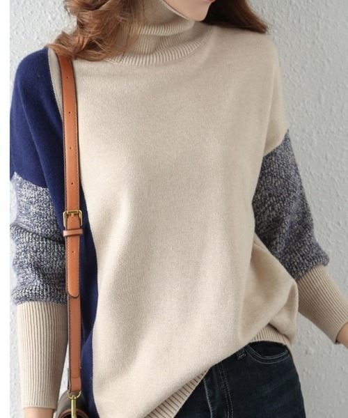 【セール】パネル切り替え配色ニットタートルプルオーバー（ニット/セーター）｜deux amour（ドゥーザムール）