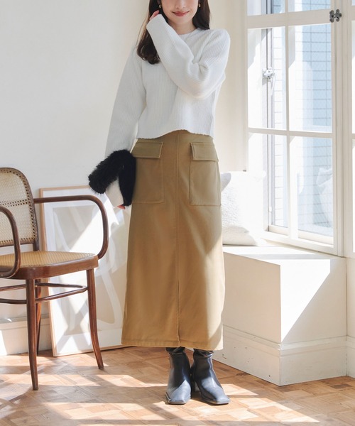 KOBE LETTUCE（コウベレタス）の「[ 裏微起毛 ] 選べるサイズ×丈 走れるストレッチカーゴ風スカート（スカート・レディース・アイボリー系/ブラック/モカ/カーキ・M/L/M1/L1）」の8枚目の写真