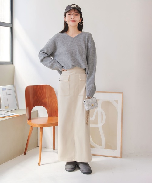 KOBE LETTUCE（コウベレタス）の「[ 裏微起毛 ] 選べるサイズ×丈 走れるストレッチカーゴ風スカート（スカート・レディース・アイボリー系/ブラック/モカ/カーキ・M/L/M1/L1）」の18枚目の写真