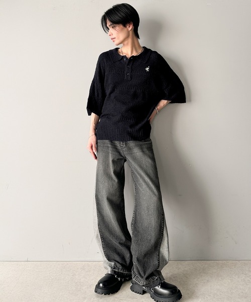 classicalelf（クラシカルエルフ）の「一枚で大人のラフスタイルが決まる。ワンポイント刺繍ブークレポロニットトップス(半袖)（ポロシャツ・メンズ・アイボリー/ブラック/チャコール・X-LARGE/SMALL/MEDIUM/LARGE）」の15枚目の写真