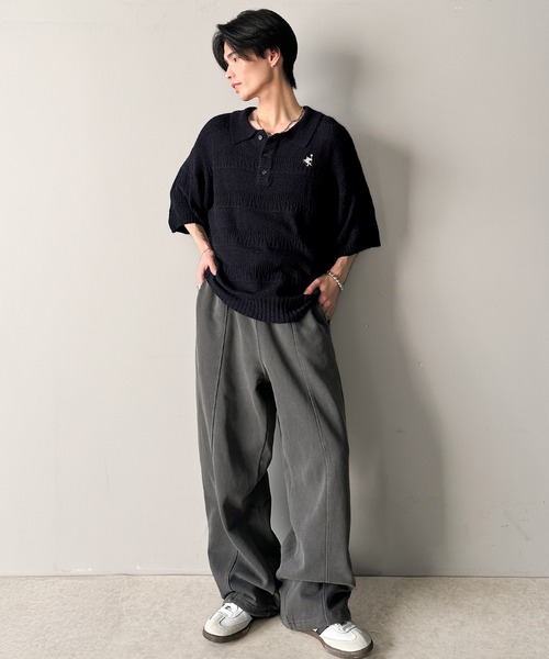 classicalelf（クラシカルエルフ）の「一枚で大人のラフスタイルが決まる。ワンポイント刺繍ブークレポロニットトップス(半袖)（ポロシャツ・メンズ・アイボリー/ブラック/チャコール・X-LARGE/SMALL/MEDIUM/LARGE）」の17枚目の写真