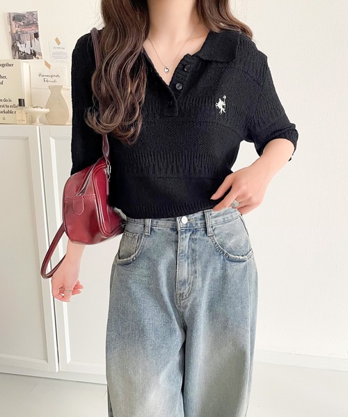classicalelf（クラシカルエルフ）の「一枚で大人のラフスタイルが決まる。ワンポイント刺繍ブークレポロニットトップス(半袖)（ポロシャツ・メンズ・アイボリー/ブラック/チャコール・X-LARGE/SMALL/MEDIUM/LARGE）」の8枚目の写真