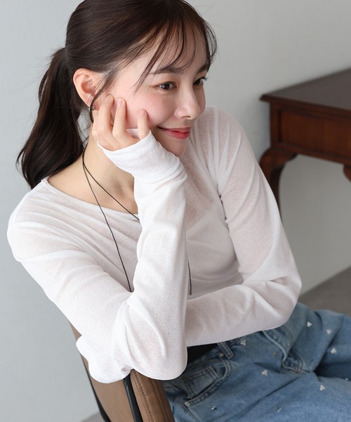 BLUEEAST(ブルーイースト)の「クルーネックシアートップス(Tシャツ/カットソー・レディース・ホワイト/ピンク/ブラック/チャコールグレー・MEDIUM)」の6枚目の写真