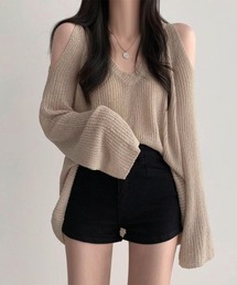 肩出しニット レディース Vネック
