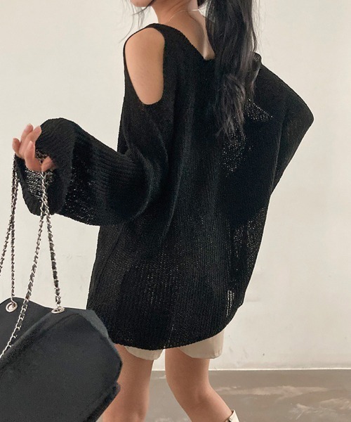 Miniministore(ミニミニストア)の「肩出しニット レディース Vネック(ニット/セーター・レディース・グリーン/ホワイト/ブラック/ベージュ・FREE)」の16枚目の写真