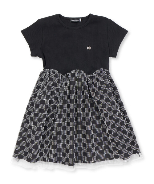 BeBe Petits Pois Vert(ベベプチポワヴェール)の「シアーチェックチュール切り替え半袖ワンピース(95~150cm)(ワンピース・キッズ・ブラック系その他/レッド系その他・110cm/120cm/130cm/140cm/100cm/150cm)」の1枚目の写真