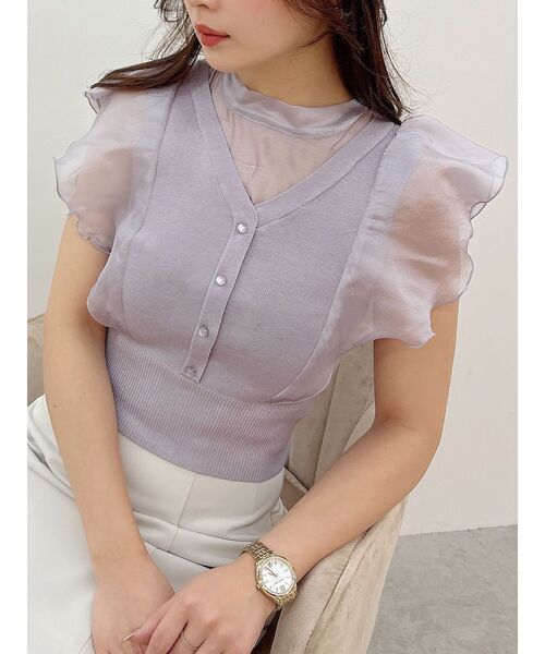 MERCURYDUO（マーキュリーデュオ）の「2WAYオーガンジードッキングラッフルリボンニット（ニット/セーター・レディース・ブラック/オフホワイト/ライトグレー/ラベンダー・FREE）」の4枚目の写真