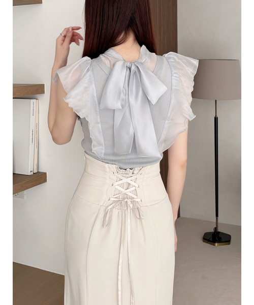 MERCURYDUO（マーキュリーデュオ）の「2WAYオーガンジードッキングラッフルリボンニット（ニット/セーター・レディース・ブラック/オフホワイト/ライトグレー/ラベンダー・FREE）」の11枚目の写真