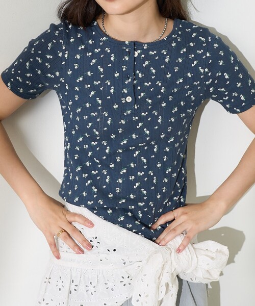 tシャツ 花柄針抜きフライス ヘンリートップス レディース FREAK'S STORE tシャツ 花柄針抜きフライス ヘンリーTシャツ