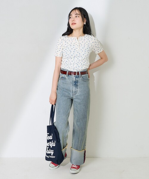 FREAK'S STORE（フリークスストア）の「花柄針抜きフライス ヘンリーTシャツ（Tシャツ/カットソー・レディース・オフホワイト/グレー/ネイビー・ﾌﾘ-）」の5枚目の写真