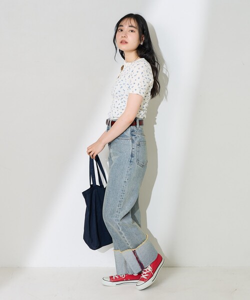 FREAK'S STORE（フリークスストア）の「花柄針抜きフライス ヘンリーTシャツ（Tシャツ/カットソー・レディース・オフホワイト/グレー/ネイビー・ﾌﾘ-）」の6枚目の写真