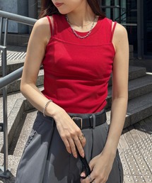 ISOOK | 【ISOOK / アイスー】ビスチェライクレイヤードタンクトップ / リブタンクトップ フェイクレイヤード 重ね着風 クルーネック ミドル丈 インナー 赤 白 黒 ZOZOTOWN限定(タンクトップ)