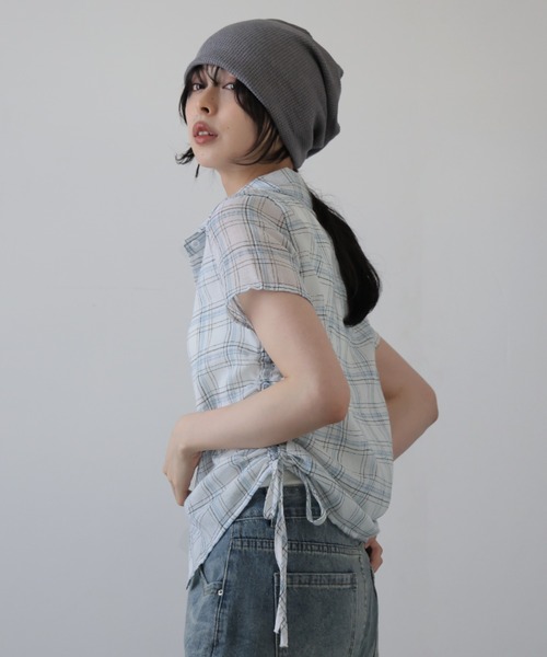 ガーリードール Girly Doll シャツ （グレー） サイドシャーリングチェックシャツ（シャツ/ブラウス）｜Girly