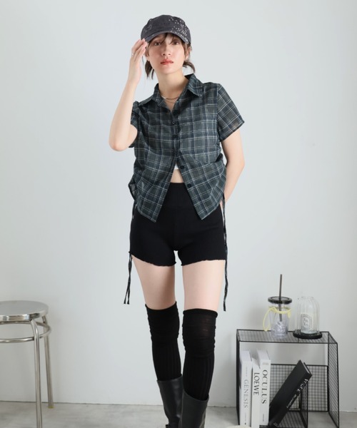 ガーリードール Girly Doll シャツ （グレー） サイドシャーリングチェックシャツ（シャツ/ブラウス）｜Girly