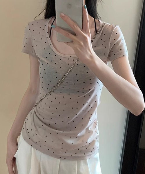 HALEY PESCA(ヘーリーペスカ)の「HALEY PESCA/シースルー ドット柄半袖トップス(Tシャツ/カットソー・レディース・グレー/アイボリー・SMALL/MEDIUM)」の6枚目の写真