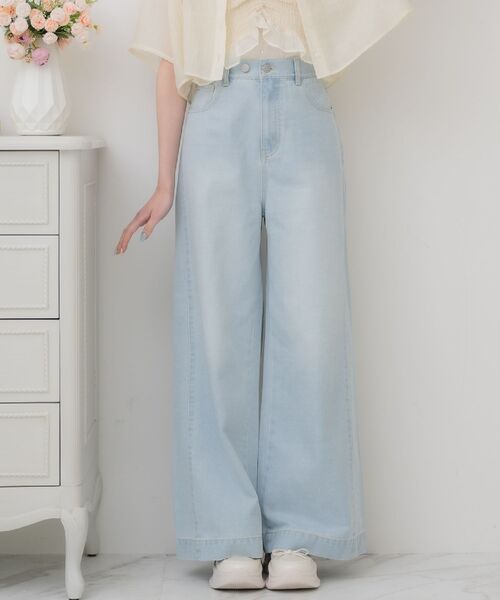 ems excite（エムズエキサイト）の「【新色追加】サイド切替ワイドPT（デニムパンツ・レディース・ブルー系その他5/ライトブルー/オフホワイト/ブラック・FREE）」の4枚目の写真