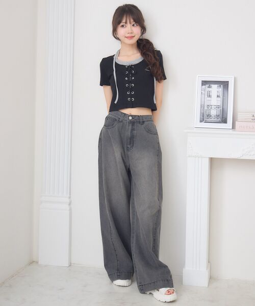 ems excite（エムズエキサイト）の「【新色追加】サイド切替ワイドPT（デニムパンツ・レディース・ブルー系その他5/ライトブルー/オフホワイト/ブラック・FREE）」の20枚目の写真