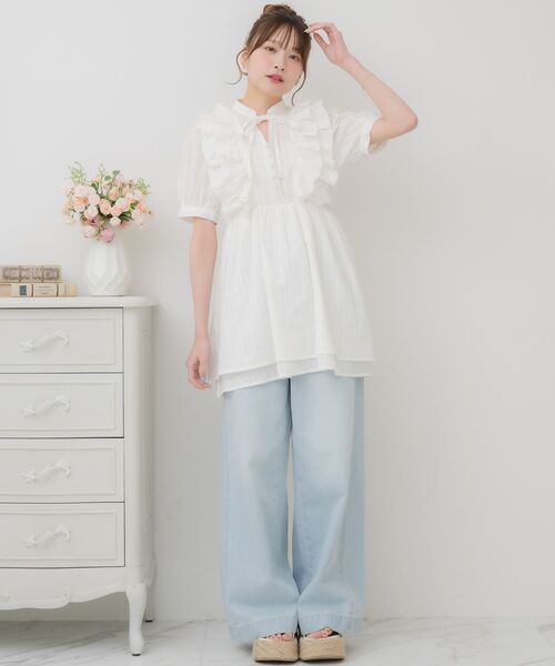 ems excite（エムズエキサイト）の「【新色追加】サイド切替ワイドPT（デニムパンツ・レディース・ブルー系その他5/ライトブルー/オフホワイト/ブラック・FREE）」の11枚目の写真