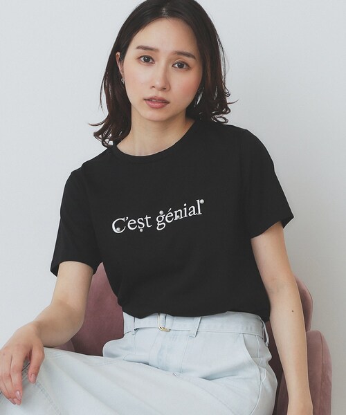 index(インデックス)の「パール調刺繍ロゴTシャツ【汗ジミ防止/吸水速乾/接触冷感/UVケア/洗濯機洗い可】(Tシャツ/カットソー・レディース・ブラック/ナチュラル/オフホワイト・36/38/40/42)」の2枚目の写真