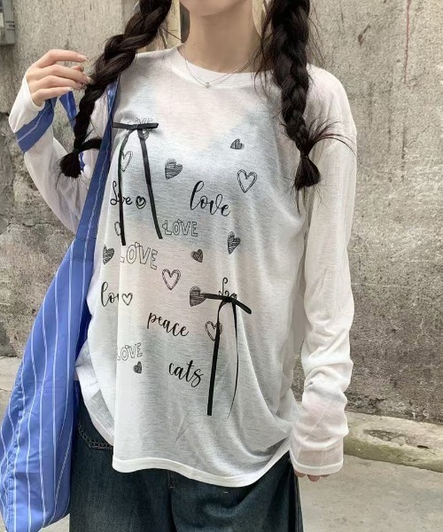 Achic（アシック）の「リボン付きハートロゴプリントロンT（Tシャツ/カットソー・レディース・ホワイト/ブラック・M）」の19枚目の写真