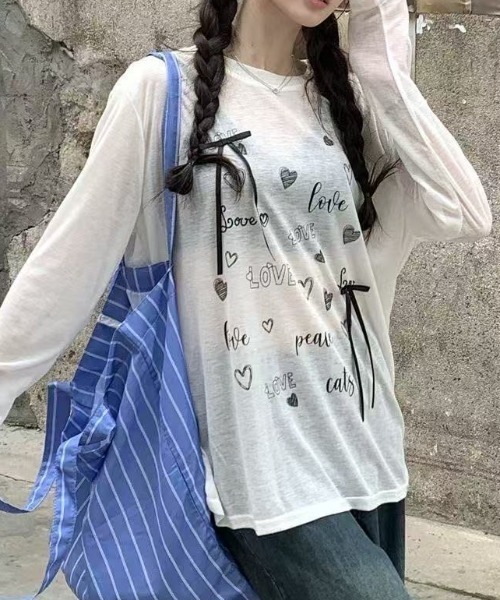 Achic（アシック）の「リボン付きハートロゴプリントロンT（Tシャツ/カットソー・レディース・ホワイト/ブラック・M）」の13枚目の写真