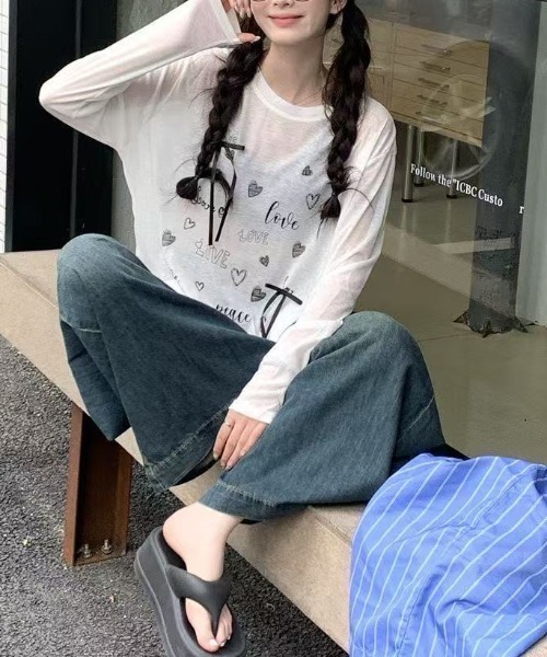 Achic（アシック）の「リボン付きハートロゴプリントロンT（Tシャツ/カットソー・レディース・ホワイト/ブラック・M）」の12枚目の写真