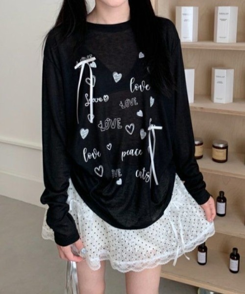 Achic（アシック）の「リボン付きハートロゴプリントロンT（Tシャツ/カットソー・レディース・ホワイト/ブラック・M）」の10枚目の写真