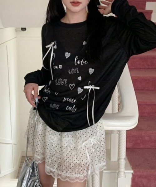 Achic（アシック）の「リボン付きハートロゴプリントロンT（Tシャツ/カットソー・レディース・ホワイト/ブラック・M）」の9枚目の写真