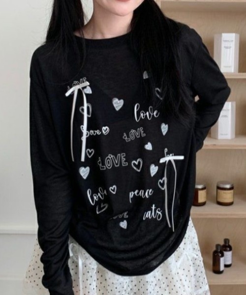 Achic（アシック）の「リボン付きハートロゴプリントロンT（Tシャツ/カットソー・レディース・ホワイト/ブラック・M）」の8枚目の写真