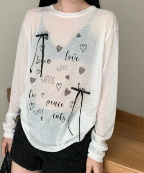 Achic（アシック）の「リボン付きハートロゴプリントロンT（Tシャツ/カットソー・レディース・ホワイト/ブラック・M）」の7枚目の写真