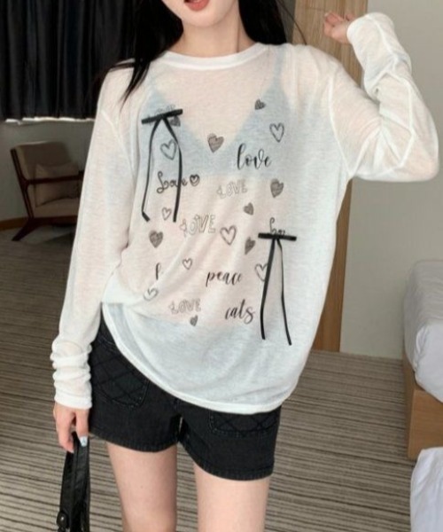 Achic（アシック）の「リボン付きハートロゴプリントロンT（Tシャツ/カットソー・レディース・ホワイト/ブラック・M）」の4枚目の写真