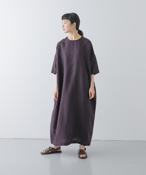 リネンクルーネックワイドワンピース 2サイズ展開』リネンレーヨンワイドワンピース（ワンピース）｜かぐれ