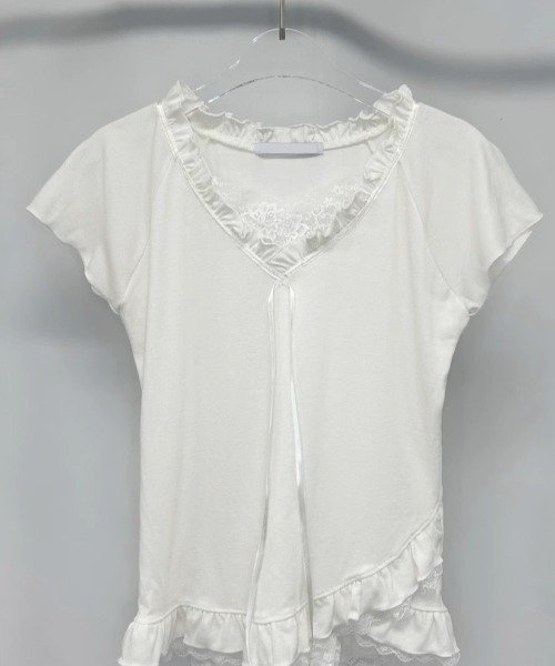 tシャツ A'GEM/9 × .kom 「.KOM/ドットケーオーエム」 フリルリボンTEE レディース A'GEM/9 × .kom 『.KOM/ドットケーオーエム』 フリルリボンTEE