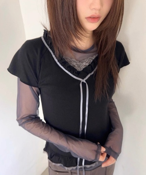 tシャツ A'GEM/9 × .kom 「.KOM/ドットケーオーエム」 フリルリボンTEE レディース KOM tシャツ A'GEM/9 × .kom 「.KOM/ドットケーオーエム