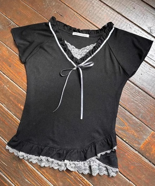 tシャツ A'GEM/9 × .kom 「.KOM/ドットケーオーエム」 フリルリボンTEE レディース A'GEM/9 × .kom 『.KOM/ドットケーオーエム』 フリルリボンTEE