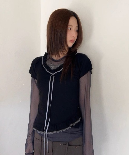 tシャツ A'GEM/9 × .kom 「.KOM/ドットケーオーエム」 フリルリボンTEE レディース A'GEM/9 × .kom 『.KOM/ドットケーオーエム』 フリルリボンTEE