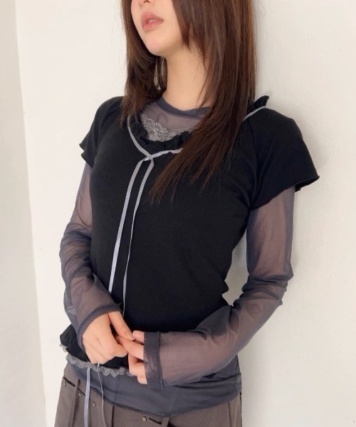 tシャツ A'GEM/9 × .kom 「.KOM/ドットケーオーエム」 フリルリボンTEE レディース A'GEM/9 × .kom 『.KOM/ドットケーオーエム』 フリルリボンTEE