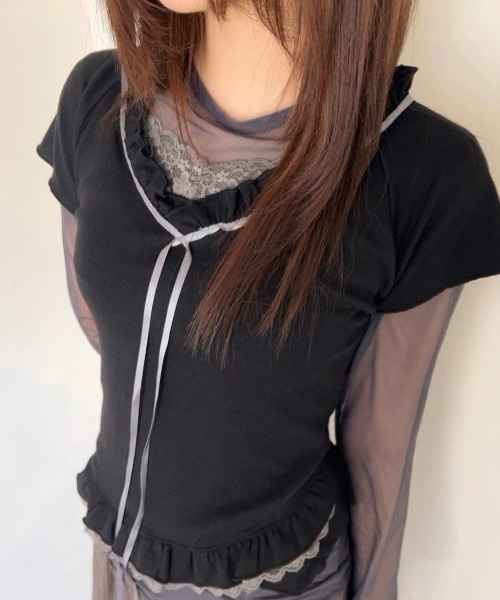 tシャツ A'GEM/9 × .kom 「.KOM/ドットケーオーエム」 フリルリボンTEE レディース A'GEM/9 × .kom 『.KOM/ドットケーオーエム』 フリルリボンTEE