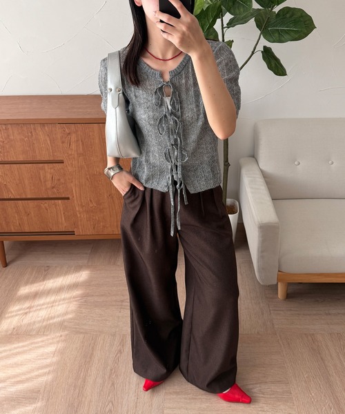 MUHET(ミュエータ)の「ribbon lace-up knit cardigan / リボンシアーニットカーディガン(カーディガン/ボレロ・レディース・ブラック/ライトグレー/ベージュ・FREE)」の22枚目の写真