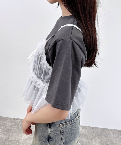 INGNI（イング）の「チュールフリルキャミビスチェ（ベスト・レディース・ブラック/オフホワイト/グレー・M）」の6枚目の写真