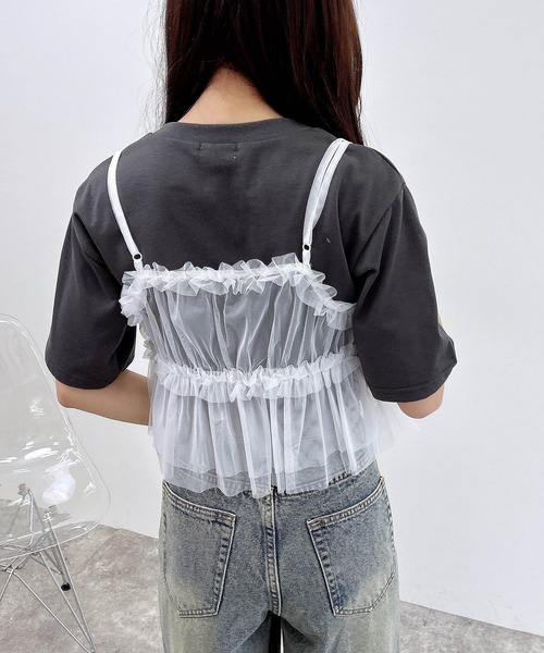 INGNI（イング）の「チュールフリルキャミビスチェ（ベスト・レディース・ブラック/オフホワイト/グレー・M）」の7枚目の写真