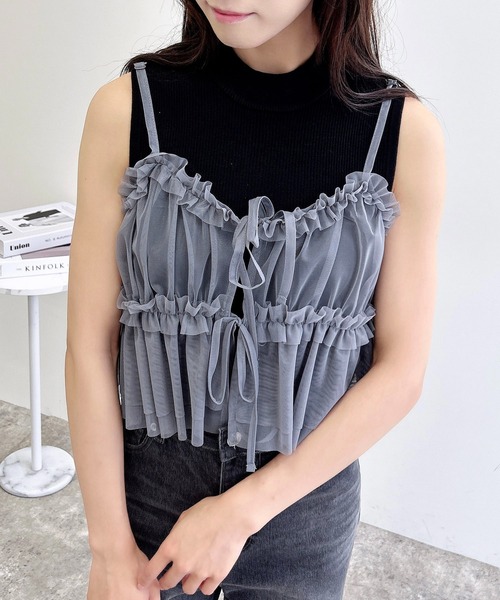 INGNI（イング）の「チュールフリルキャミビスチェ（ベスト・レディース・ブラック/オフホワイト/グレー・M）」の16枚目の写真