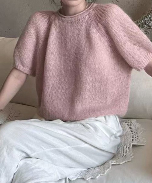 一点モノ　ハンドメイド　ピンクとホワイトのニットセーター　半袖ニット　モヘア CADBURY（キャドバリー）の「ﾓﾍｱ半袖ﾆｯﾄ（ニット/セーター）」 - WEAR