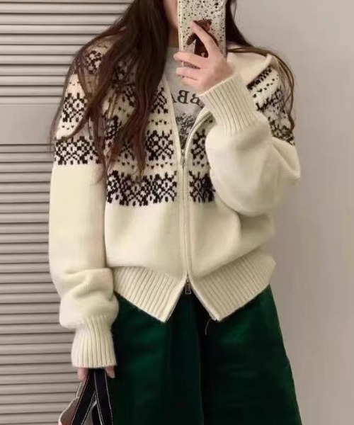LADY LIKE（レディライク）の「ノルディック柄ダブルジップニットパーカー（ニット/セーター・レディース・レッド/オフホワイト/グレー/ネイビー・M）」の12枚目の写真