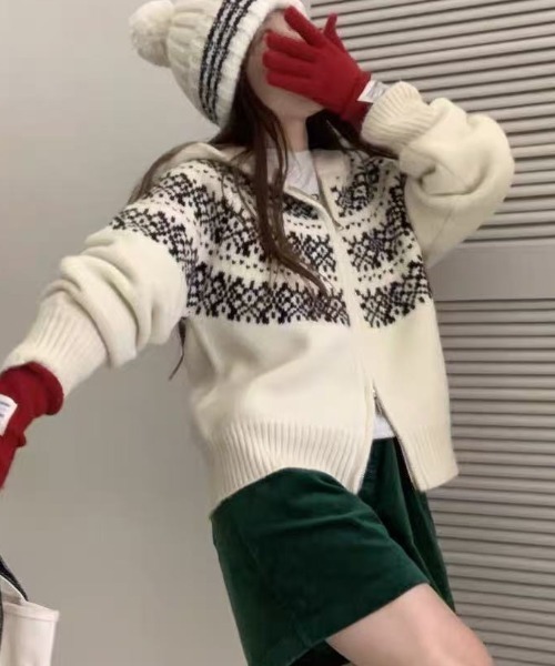 LADY LIKE（レディライク）の「ノルディック柄ダブルジップニットパーカー（ニット/セーター・レディース・レッド/オフホワイト/グレー/ネイビー・M）」の13枚目の写真